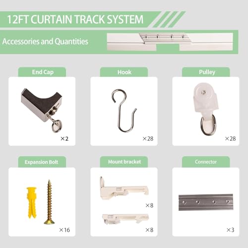 Ceiling Curtain Track, 9ft to 12ft Adjustable Curtain Track Ceiling/Wall Mount, Heavy Duty Aluminum Curtain Track Rods with Roller Hooks - Curtain Rail System for Grommet/Pleated Drape, White - color: White, size: 3ft-12ft