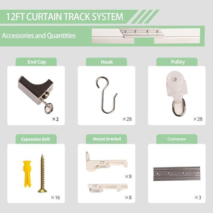 Ceiling Curtain Track, 9ft to 12ft Adjustable Curtain Track Ceiling/Wall Mount, Heavy Duty Aluminum Curtain Track Rods with Roller Hooks - Curtain Rail System for Grommet/Pleated Drape, White - color: White, size: 3ft-12ft