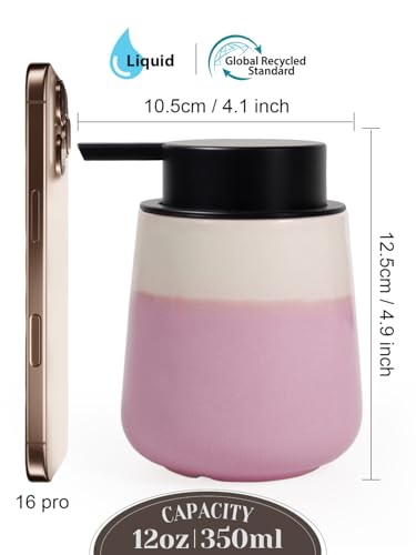 INGOFIN Ceramic Hand Soap Dispenser - 12 oz Liquid Lotion Dispenser Bathroom, Refillable Modern Dish Soap Dispenser with Pump for Kitchen, Beige and Pink - color: Beige and Pink