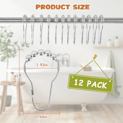 12 Shower Curtain Hooks, Suitable for Bathroom Shower rods for Rust-Proof Decorative Stainless Steel Shower Curtain Hooks, Silver