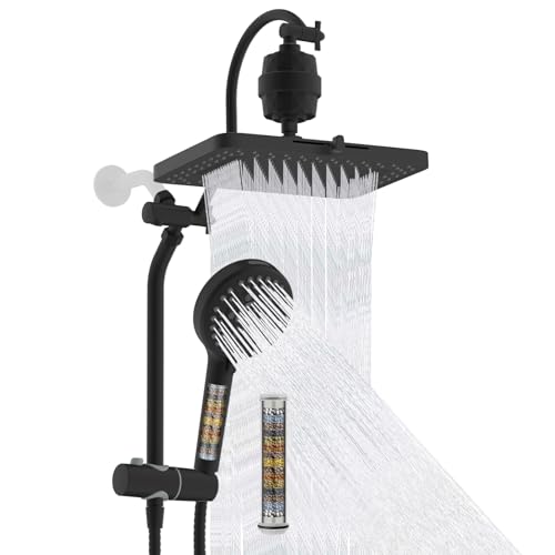 Hibbent 5-spray Filtered Rainfall Shower Head Combo, High Pressure 13'' Showerhead with 10 Spray Modes Handheld, All Metal 3 way Diverter Shower Arm, 71'' Hose and Holder, Matte Black - color: Matte Black, style: Square 13" with filter