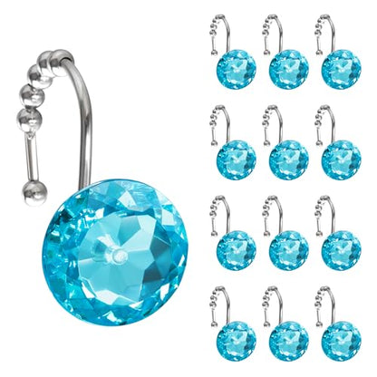 Sunlit Luxury Design Round Aqua Blue Diamond Crystal Gem Bling with Glide Balls Shower Curtain Hooks, Rust Proof Metal Rhinestones Glam Shower Curtain Rings-12 Pack - color: Aqua Blue