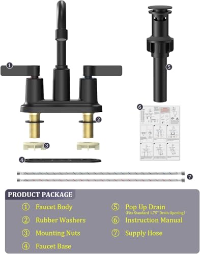 2 Pack Matte Black 4 Inch Centerset Bathroom Sink Faucet 3 Hole | Faucet for Bath Sink with Pop Up Drain and 2 Supply Hoses 2 Handle Bathroom Faucets for Sink Vanity RV Evolvegoods - color: Black-2 Pack
