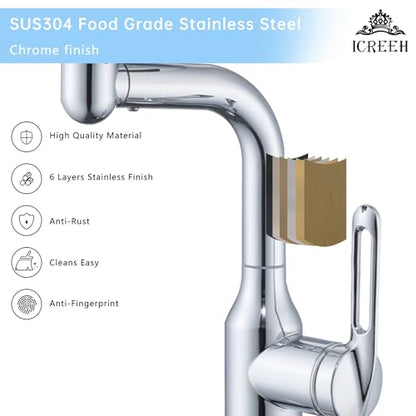Bathroom Sink Faucet 1 Hole, Chrome Multifunctional Basin Faucet with 4 Water Outlet Modes, Modern 360°Rotatable Bar Tap with Two Water Supply Pipes - color: Chrome