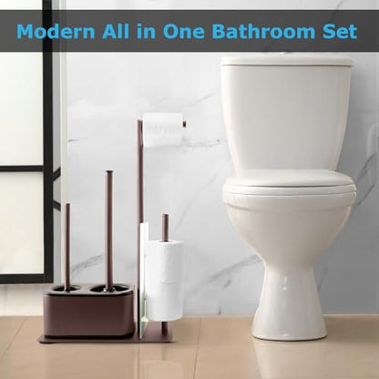 Blue Donuts Modern Bath Set for Bathroom Organization, All in One Toilet Brush, Toilet Plunger, Toilet Paper Holder Stand and Toilet Tissue Paper Storage All in One Combo. - color: Bronze