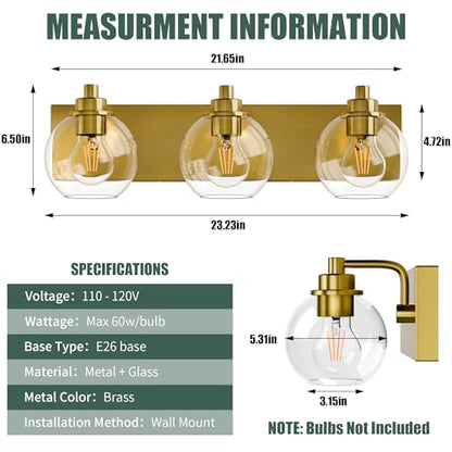 3 Light Bathroom Light Fixtures-Brushed Gold Bathroom Vanity Lights, Modern Vanity Lights 3-Light Bathroom Lighting Fixtures Over Mirror with Clear Glass Globe Shade - color: Gold, size: 3-Light