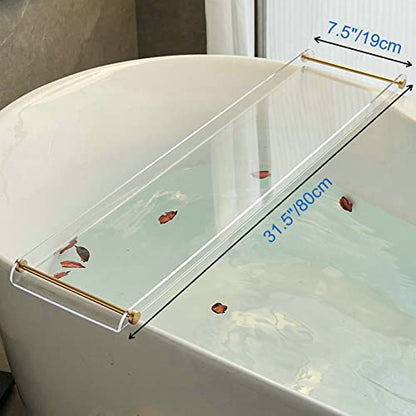 Acrylic Bathtub Tray Caddy, Clear Bath Shelf Tub Rack with Golden Handle | Luxury Bathroom Organizer Tablet Holder for Soap Perfume Skincare, Bath Accessory, Easy to Clean - color: Transparent With Handle