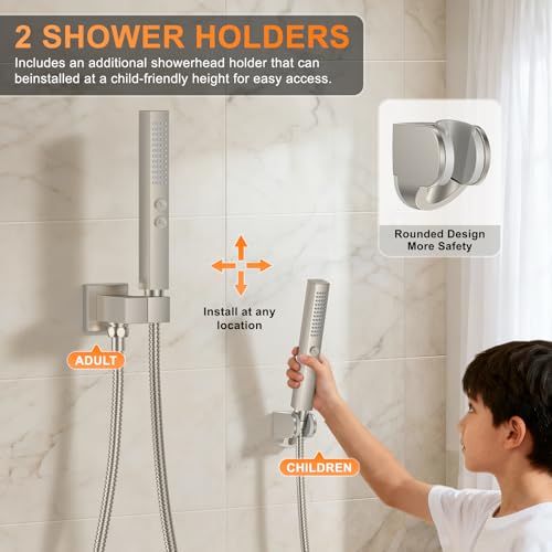 Brushed Nickel Shower System with Tub Spout, Ceiling Mounted Bathtub Shower Faucet Set, 12" Rainfall Shower Head and Handheld Shower Combo, High Pressure Shower Fixtures Set with Rough-in Valve - color: Brushed Nickel, style: 12" Ceiling Mounted Shower Sy