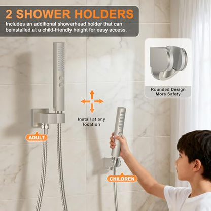 Brushed Nickel Shower System with Tub Spout, Ceiling Mounted Bathtub Shower Faucet Set, 12" Rainfall Shower Head and Handheld Shower Combo, High Pressure Shower Fixtures Set with Rough-in Valve - color: Brushed Nickel, style: 12" Ceiling Mounted Shower Sy