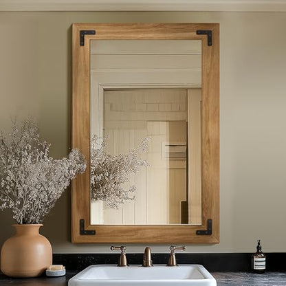 Wood Framed Bathroom Vanity Mirror for Wall, 24"x36" Farmhouse Mirror | Solid Wood Frame, HD Shatterproof Glass, Vertical/Horizontal Hanging, Ideal for Bathroom, Living Room, Bedroom - size: 36"L x 24"W