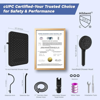 Hibbent Upgraded cUPC Certified 13'' Shower Head Combo, High Pressure 5 Spray Rainfall Showerhead with 10 Sprays Handheld, All Metal 3-way Diverter Shower Arm, 71'' Hose and Holder, Oil-Rubbed Bronze - color: Oil Rubbed Bronze, style: Square 13"