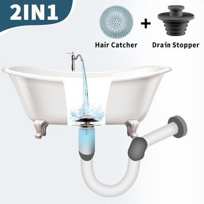 Bathtub Drain Stopper with Hair Catcher, Anti Clogging Bath Tub Drain Stoppers, Replaces Lift and Turn, Tip-Toe and Trip Lever drains for Tub, Easy Install and Clean (Chrome Silver)