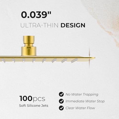 10 Inch Rain Shower Head, Square Rainfall & High Pressure, 304 Stainless Steel, 1/16" Ultra Thin, Waterfall Full Body Coverage with Silicone Nozzle, Brushed Gold - color: Golden, size: 10 Inch