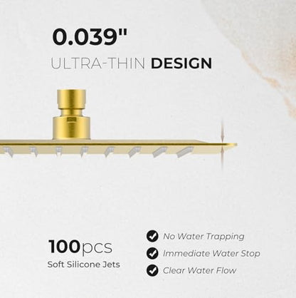 10 Inch Rain Shower Head, Square Rainfall & High Pressure, 304 Stainless Steel, 1/16" Ultra Thin, Waterfall Full Body Coverage with Silicone Nozzle, Brushed Gold - color: Golden, size: 10 Inch