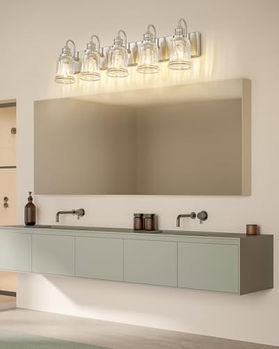 Bathroom Light Fixtures, HWH 5-Light Vanity Light, Modern Brushed Nickel Wall Lighting Over Mirror, Bell-Shaped Striped Glass, 5HZG106B-5W BN - color: Brushed Nickel, size: 5-Light