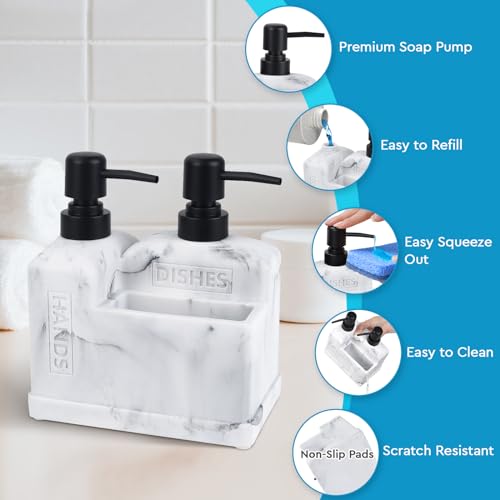 Kitchen Hand Soap and Dish Soap Dispenser Set,Dual Soap Dispenser with Sponge Holder 3-in-1 Organizer for Kitchen Sink,Bathroom,Useful Kitchen Gadgets - White Marble Look - color: 3 in 1 - White Marble Look