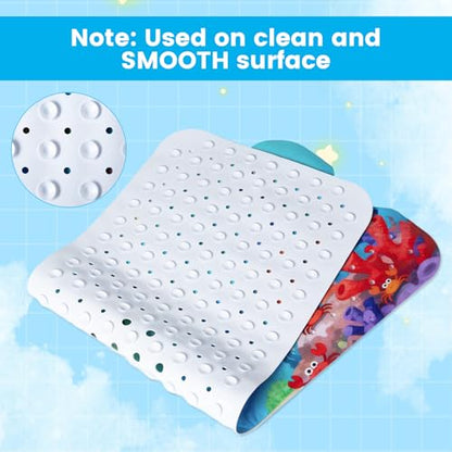 Bath Mat for Tub, Bathtub Mat for Kids Adults, Anti Slip, 40"x16" Extra Long, Suction Cup for Strong Grip, Eco Friendly, Easy Clean,Under The Sea Design (Light Blue) - color: Light Blue