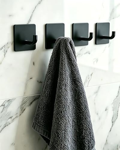 Adhesive Towel Hooks Heavy Duty, Self Adhesive Wall Hooks Waterproof Stainless Steel, No Drilling Sticky Hook for Bathroom Kitchen Bedroom, Towel Hanger for Coat Hat Clothes, 4 Pack