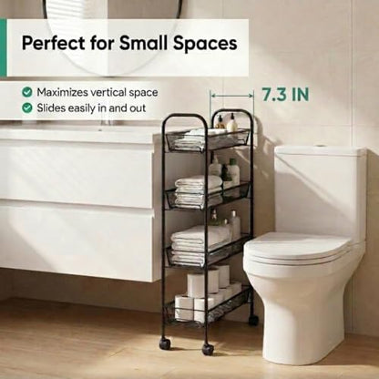 American Dream Black 4-Tier Mesh Basket Rolling Cart with Wheels Slim Metal Storage Organizer Trolley, 22.4" x 7.3" x 37.4" - color: Black