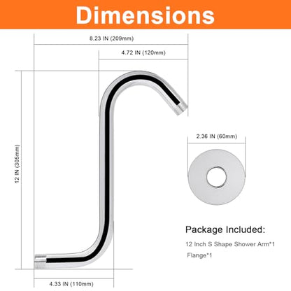 S Shaped Shower Arm, High Rise Shower Head Extension Pipe Standard 1/2" Connection with Flange, Awesome Shower Experience-Stainless Steel Bathroom Accessory(12 Inch S Shape, Chrome Finish) - color: Chrome Finish, style: 12" S Shape