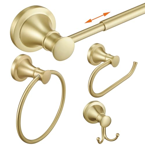 Hoimpro Brushed Gold 4-Piece Bathroom Bath Set, Wall Mount Bathroom Hardware Fixture (Adjustable Towel Bar Rack, Towel Ring Holder, Paper Towel Holder, Double Towel Hook), Bathroom Accessories - color: Brushed Gold