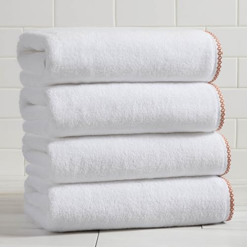 Great Bay Home Clay/White Bath Towel Set - Ultra-Soft Cotton, Boho-Chic Border Design - 4 Bath Towels (54" x 30") - Absorbent, Quick-Dry, Lightweight Bathroom Towels - color: White / Clay, size: Bath Towel (Pack of 4)