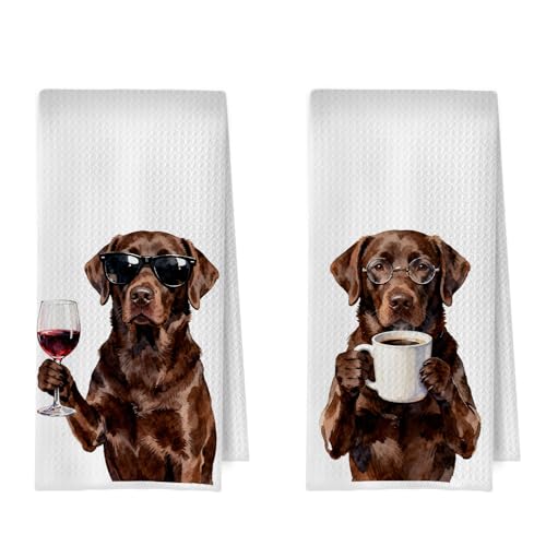 Chocolate Lab Kitchen Towels Set - Funny Chocolate Labrador Retriever Gifts Wine Lover Decorative Waffle Dish Towels, Home Bar Hand Towe, Gifts for Coffee Lover Tea Towel Women, 16x24 Inch - color: Chocolate Lab