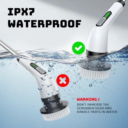 Electric Spin Scrubber, 2-Speed Cleaning Brush, Extendable Handle (White) | Includes 7 reusable brush heads and an IPX7-rated design for cleaning bathrooms, showers, kitchens, tile, floors, and grout - color: White