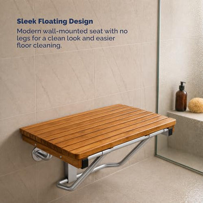 Teak Folding Shower Bench – ADA Compliant Fold Up Shower Chair for Elderly and Disabled, Wall Mounted Folding Seat, 400 lb Capacity Foldable Teak Wood Bath Bench, Stainless Steel Hardware - 18 Inches - size: 18 Inches