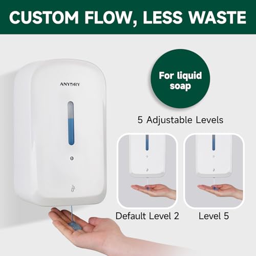 anydry Commercial Automatic Soap Dispenser 34oz Large Capacity Wall-Mounted | Touchless Liquid Dispenser, Five-Level Adjustment, Ideal for High-Traffic Bathroom, Restroom, Durable Wall-Mount Installation - color: White