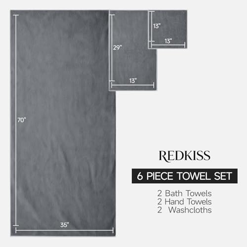 REDKISS Pack of 6 Towel Set - 2 Extra Large Bath, 2 Hand, 2 Washcloths, Ultra Soft & Highly Absorbent, Quicker to Dry, Grey Towels for Bathroom, Spa, Hotel, Gym - color: Gray
