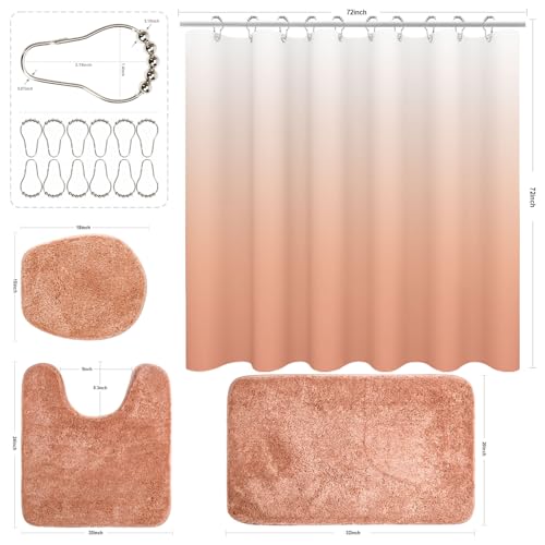 Shower Curtain Sets with Rugs and Adjustable Toilet Seat Cover | 4 Pcs Blush Pink Bathroom Sets with Shower Curtain and Rugs and Microfiber Toilet Lid Cover - color: Blush Pink