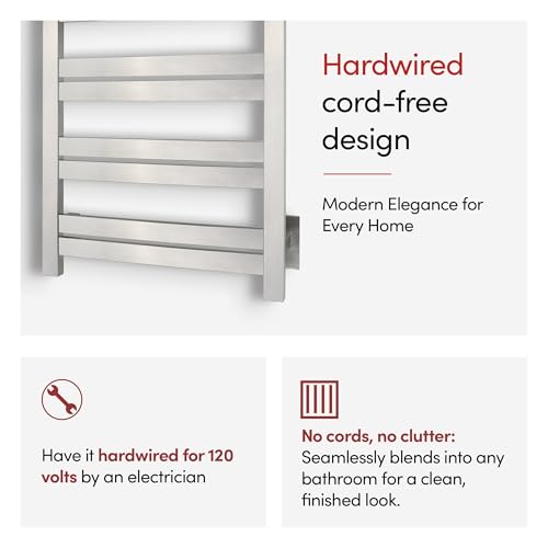 WarmlyYours Grande Heated Towel Rack, 10 Bars, Brushed Stainless Steel | Wall-mounted electric towel warmer rack and dryer, 120V hardwired, flat heated bars for towels and bathrobes - color: Brushed Stainless Steel, size: 10 Bars