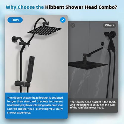 Hibbent 10'' Rainfall Shower Head with 4-mode Handheld Spray, Matte Black | High Pressure Showerhead Combo, 12'' Adjustable Extension Arm, Extension Bar, Easy Reach Holder, 71'' Hose - color: Matte Black, style: Square 10''
