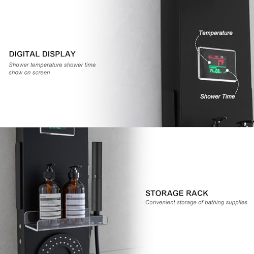 Hoimpro Matte Black LED Shower Panel Tower System,2 In 1Function Shower Panel Light Rainfall Waterfall Shower Rain Massage System with Body Jets Handheld Shower Sprayer, Stainless Steel, Wall Mount - color: Matte Black