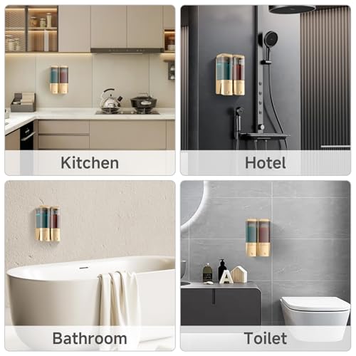 Shampoo and Conditioner Dispenser,Shower Dispenser 2 Chamber No Drill Shampoo Dispenser for Shower Wall Mounted Shower Soap Dispenser for Bathroom Hotel,Large Capacity 2 * 500ML,Gold - color: Gold 2 Chamber