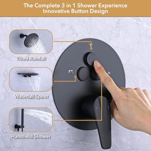 VANFOXLE Shower Faucet Set Matte Black Shower System, Push Button Diverter | 8 Inch Wall Mount Head, 2-in-1 Handheld Sprayer, 9 Inch Bathtub Waterfall Spout, Solid Brass Valve, Rust Resistant - color: Matte Black, style: 8 Inch