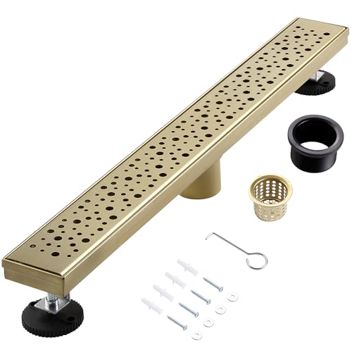 Linear Shower Drain, 24 inch Brushed Gold | Including Hair Catcher and Removable Grate, 304 Stainless Steel, Easy to Install and Clean (Drain Base Not Included) - color: Brushed Gold, size: 24 inch