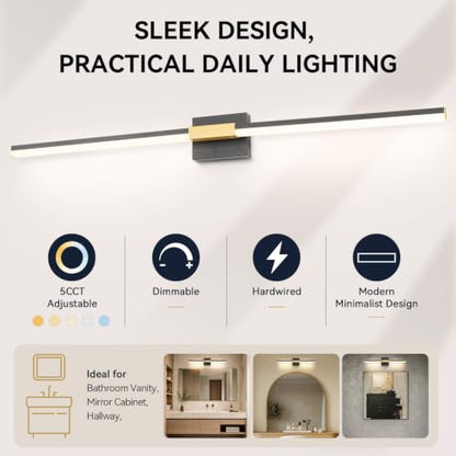SOLFART Bathroom Vanity Lights 48-Inch: Black and Gold 5CCT Dimmable Bathroom Lights Over Mirror, Solid Frosted Acrylic, Built-in Dimmer, CRI88 Soft Light, ETL IP44 - color: Black Gold-5CCT, 5-Step Brightness Control, size: 48 inch