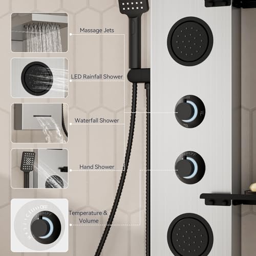 Homevacious 4 In 1 Shower Panel System with Shelf Brushed Nickel | LED Rain Shower Head Adjustable Massage Body Jets 3 Functions Handheld Head Tub Spout Stainless Steel - color: Brushed Nickel and Black, style: LED Shower Panel