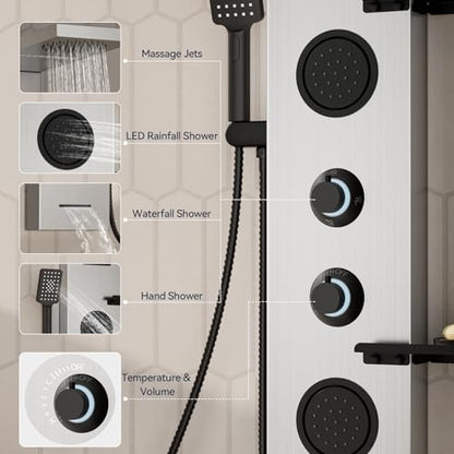 Homevacious 4 In 1 Shower Panel System with Shelf Brushed Nickel | LED Rain Shower Head Adjustable Massage Body Jets 3 Functions Handheld Head Tub Spout Stainless Steel - color: Brushed Nickel and Black, style: LED Shower Panel