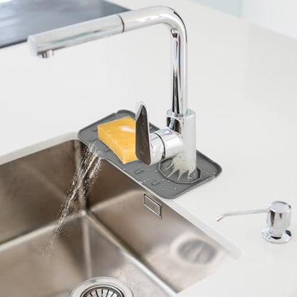 2Pcs Silicone Sink Faucet Splash Guard Mat, Soap Dish Pad Faucet Handle Drip Catch Sponge Holder Sink Protector Tray with Outlet & Slope for Bathroom Kitchen Countertop RV Gadget 8.3 x 5.3 Inch