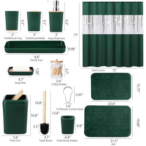 XLHOMO Dark Green Bathroom Sets with Shower Curtain and Rugs,Bathroom Sets Shower Curtain Set with Extra Soft and Absorbent Bathroom Rugs Green Bathroom Accessories - size: Bath Set+Shower Curtain+Bath Rugs, style: Dark Green