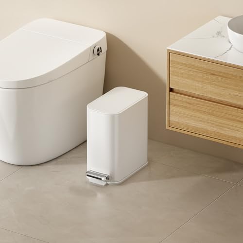 TIPGO Small Bathroom Trash Can with Lid Soft Close,1.3 Gallon, White | Step Pedal, Removable Inner Bucket, 5 Liter Slim Stainless Steel Garbage Can for Bedroom, Office, Kitchen - color: White