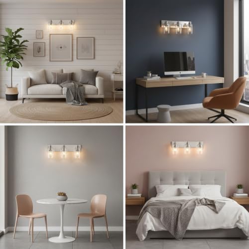 3-Light Bathroom Vanity Light Fixtures,Modern Wall Sconces,Bathroom Lights Over Mirror,Wall Mounted Lamp for Kitchen Living Room Bedroom Hallway,Brushed Nickel Finish with Clear Glass Shade | Brushed Nickel Metal Frame,Up/Down Wall Mount,cylinder Glass Sh