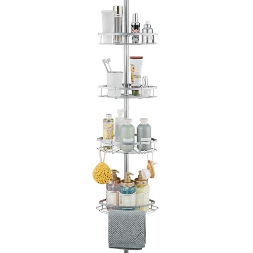 WPT Grey Shower Caddy Corner Organizer for Bathroom, Stainless Steel Tension Pole Corner Shelf Shower Caddy Stand for Bathtub Shampoo Storage, 4 Tier Adjustable Shelves, 28.7 to 104.7 Inches - color: Grey