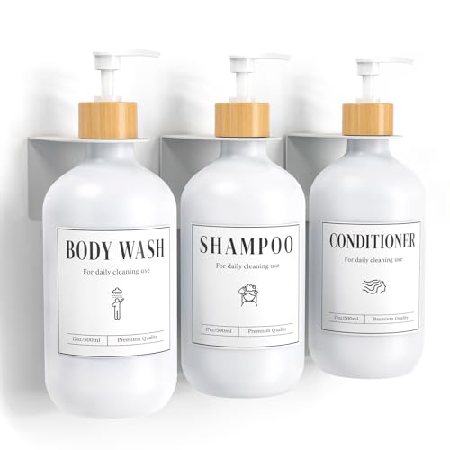 Luxspire 17oz Shampoo and Conditioner Dispenser 3 Sets for Bathroom, White | Matte PET bottle, no-drill stainless bracket, detachable pump, dual wall/counter install with classification stickers - color: Matte White