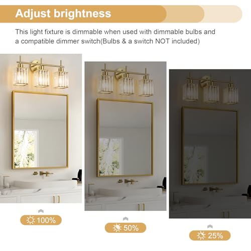Brushed Gold Bathroom Light Fixtures, Square, 3-Light | Vanity Lights with Crystal Shades, Modern Bathroom Lighting Fixtures over Mirror (Bulbs Not Included, E26) - color: Brushed Gold (Square), size: 3-Light