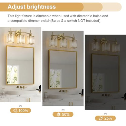 Brushed Gold Bathroom Light Fixtures, Square, 3-Light | Vanity Lights with Crystal Shades, Modern Bathroom Lighting Fixtures over Mirror (Bulbs Not Included, E26) - color: Brushed Gold (Square), size: 3-Light