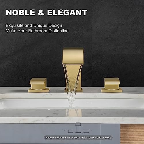 GAGALIFE 8 Inch Waterfall Bathroom Faucets 3 Hole - Brushed Gold Widespread Bathroom Faucet with Pop-up Drain, Two Handles Bathroom Sink Faucet, Modern Vanity Sink faucets with Supply Lines - color: Gold, style: With Drain